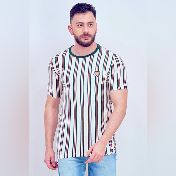 Denim&Flower Men Crew Neck Short Sleeve Stripe T-shirt, Beige and Green and Red - Picture 1 of 6